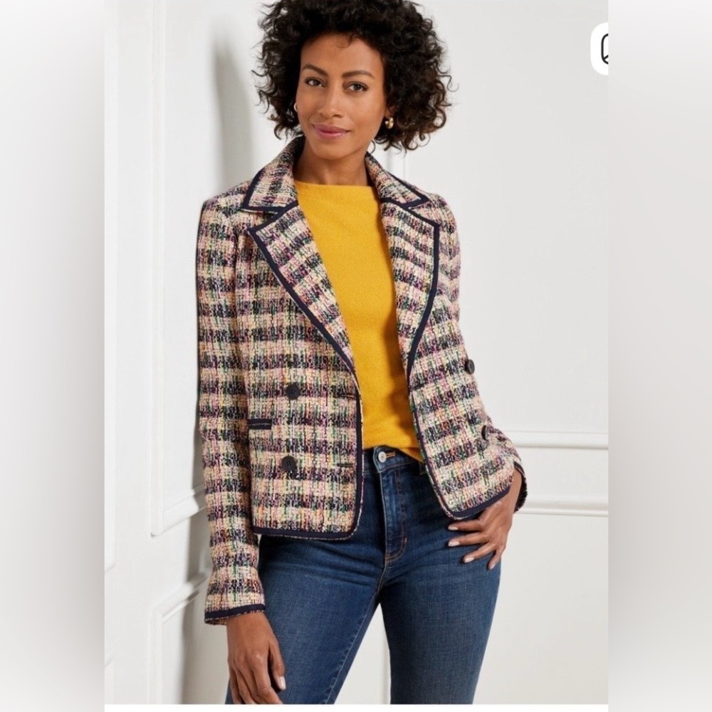 Talbots Cafe Tweed Cropped Blazer with Navy Piping #career preppy old money - Picture 1 of 2